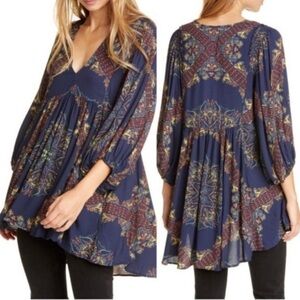 Free People Girl Talk Tunic Top Bohemian Blue Printed Women's Top size small